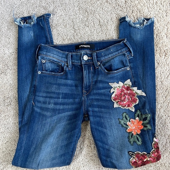 Express Womens Jeans size 0 Sequins Embellished Skinny Festival going out Denim - Picture 4 of 8